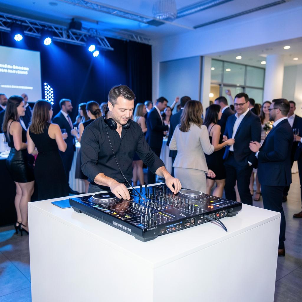 DJ mixing while guests dance at a corporate party