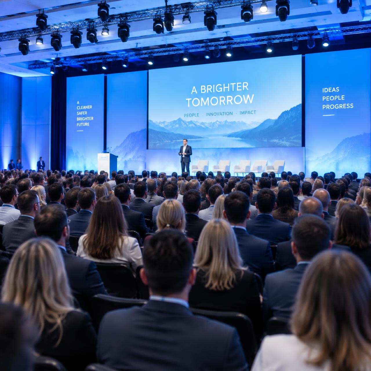 Conference audience facing a blue-lit stage